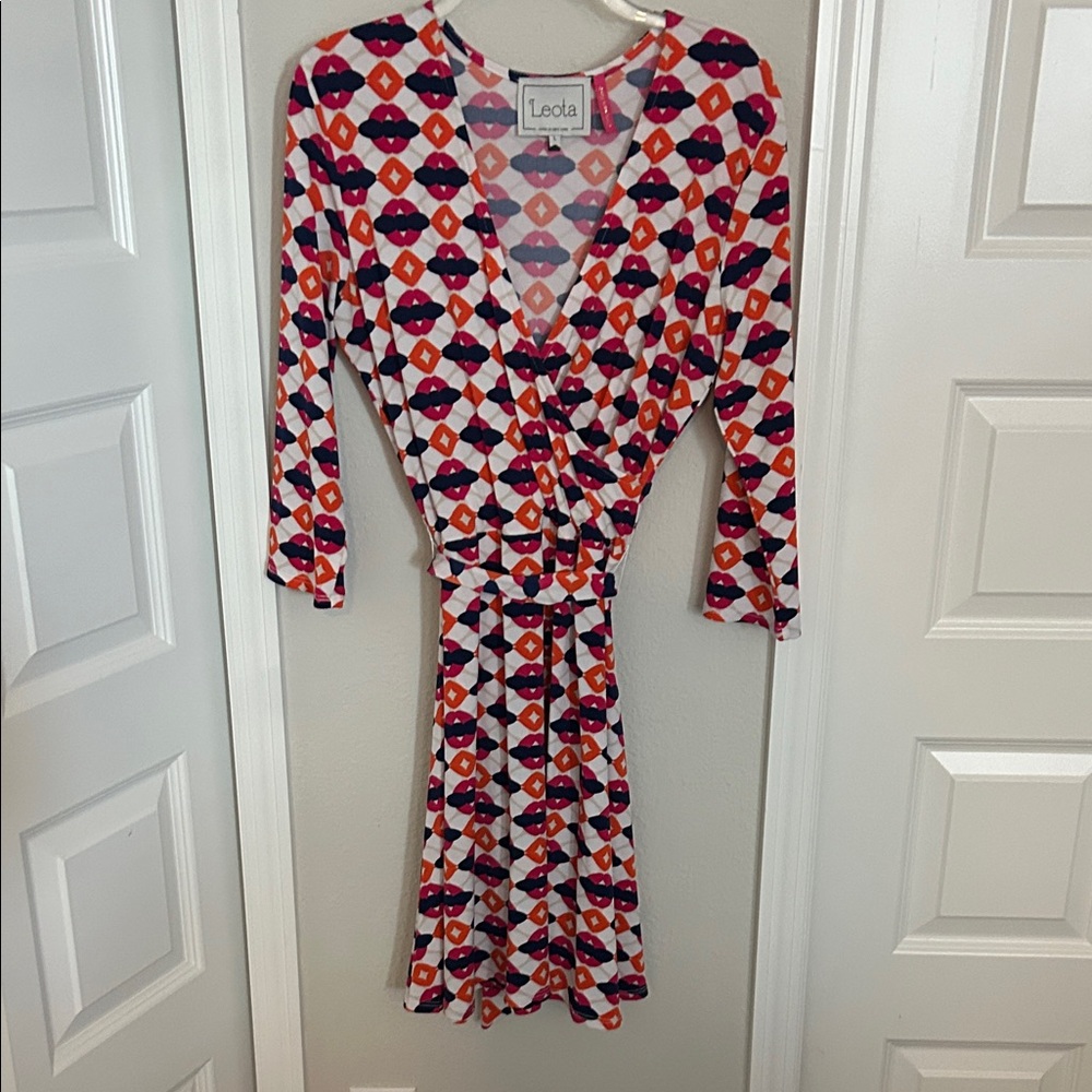 Leota Long Sleeve faux wrap Dress - pink, purple and orange Geometric